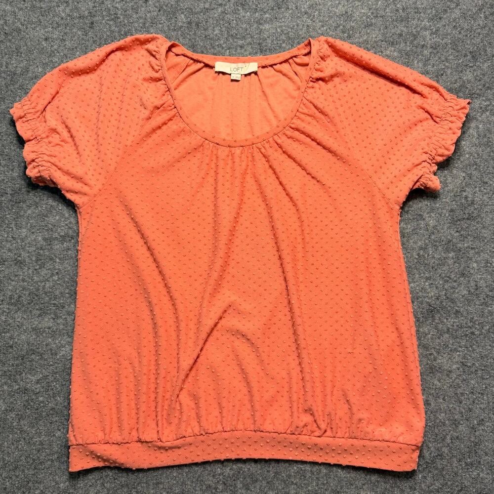 LOFT Coral Orange Swiss Dot Short Sleeve Blouse Top Size Medium